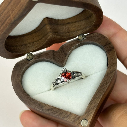 Wings of Love Adjustable Ring – 925 Sterling Silver, Red Heart Stone