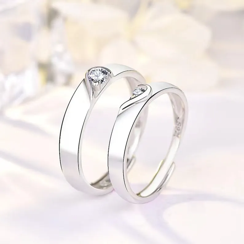 Heart Adjustable Silver Color Couples Ring Set, Matching Rings for Men and Women, Anniversary Gift, Elegant Gift Box