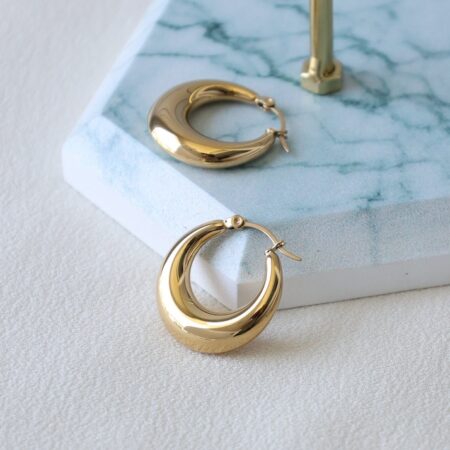 18K gold thick hoop earrings for women, waterproof and anti-tarnish handmade huggie hoops