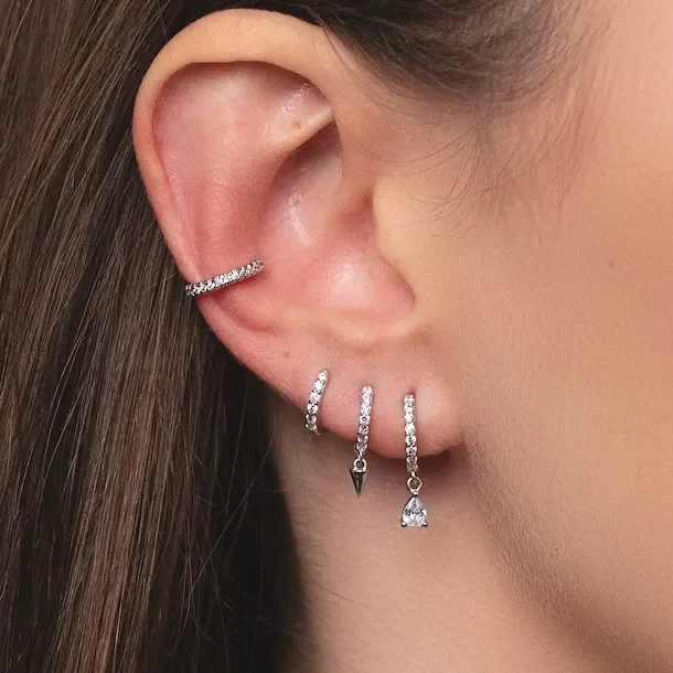 Minimalist silver stacking pierced earring set for multiple ear piercings – everyday style and perfect gift for daughter