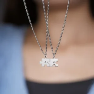 Laser Engraved Puzzle Necklace with Customized Initial Letter Pendant – Minimalist 2-Piece Love Necklace for Couples.