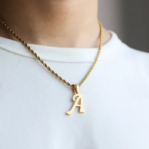 18K Gold Personalized Initial Necklace for Men with Rope Chain – Customizable Gold Letter Pendant, Perfect Gift for Dad or Him