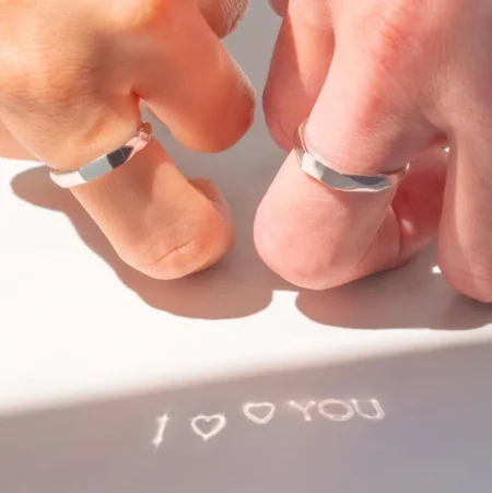 Couples Promise Rings with Engraved Light Projection - Adjustable Romantic Jewelry Set - Unique Wedding Gift