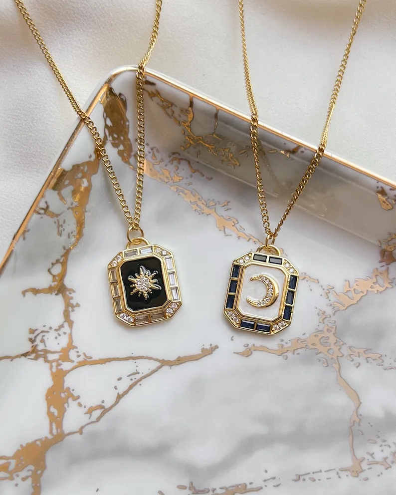 Matching Sun and Moon Necklaces in 18K Gold Plated – Celestial Zodiac Design, Perfect Gift for Couples.