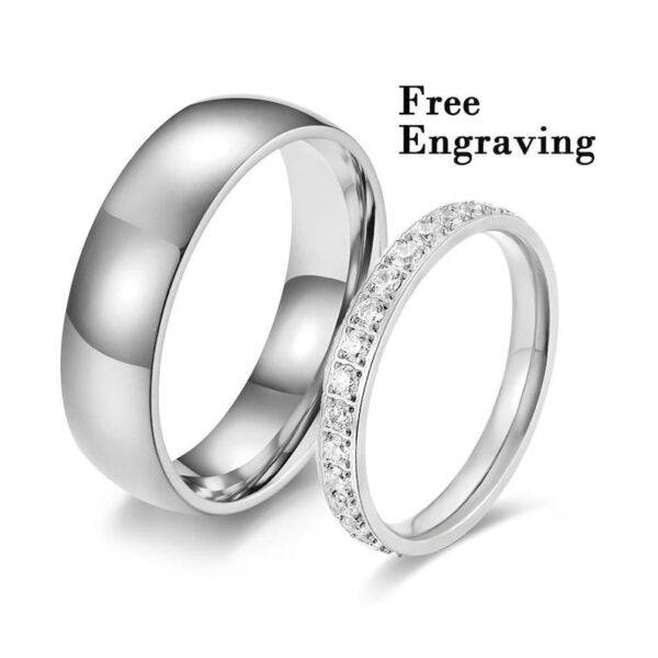 Matching titanium rings with zircon diamonds, adjustable fit, and free engraving. Perfect for couples!