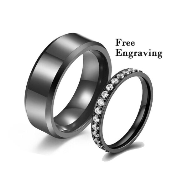 Matching titanium rings with zircon diamonds, adjustable fit, and free engraving. Perfect for couples! - Image 3