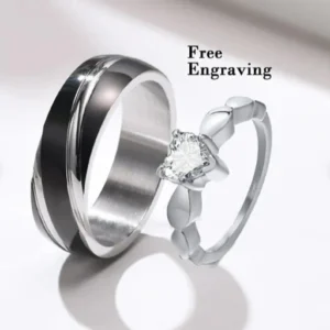 Black Diamond Heart Promise Rings – His & Her Matching Set, Custom Engraved