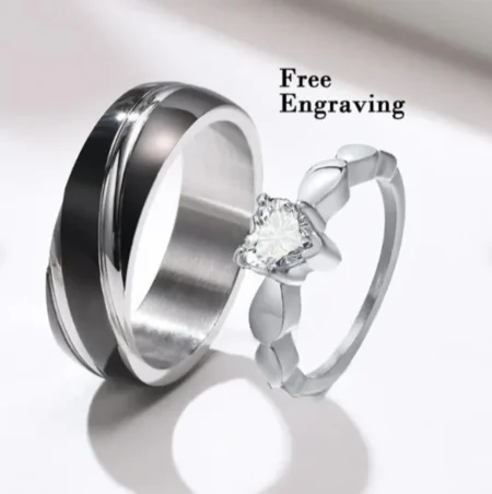 Black Diamond Heart Promise Rings – His & Her Matching Set, Custom Engraved