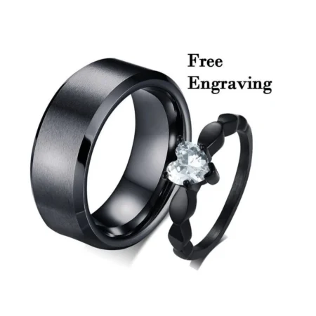 8mm Black Couples Rings – Engraved His & Her Bands, Diamond Heart Gift