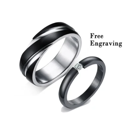 Black Promise Ring Set for Couples  – Engraved His & Her Bands, Custom Gift