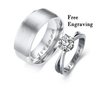 8MM Silver Tungsten Couples Rings - Engraved His & Her Bands