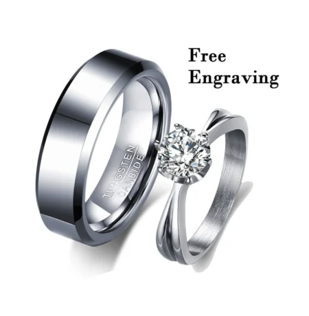 Silver Tungsten Couples Rings – Engraved Promise Set for Him & Her