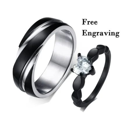 Black Diamond Heart Couples Rings – Engraved Matching Set for Him & Her