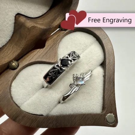Knight & Queen Adjustable Rings – Black Stone & Opal, Custom Engraved 925 Silver