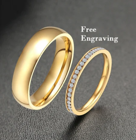 Gold Diamond Promise Ring Set - Engraved Couples Bands